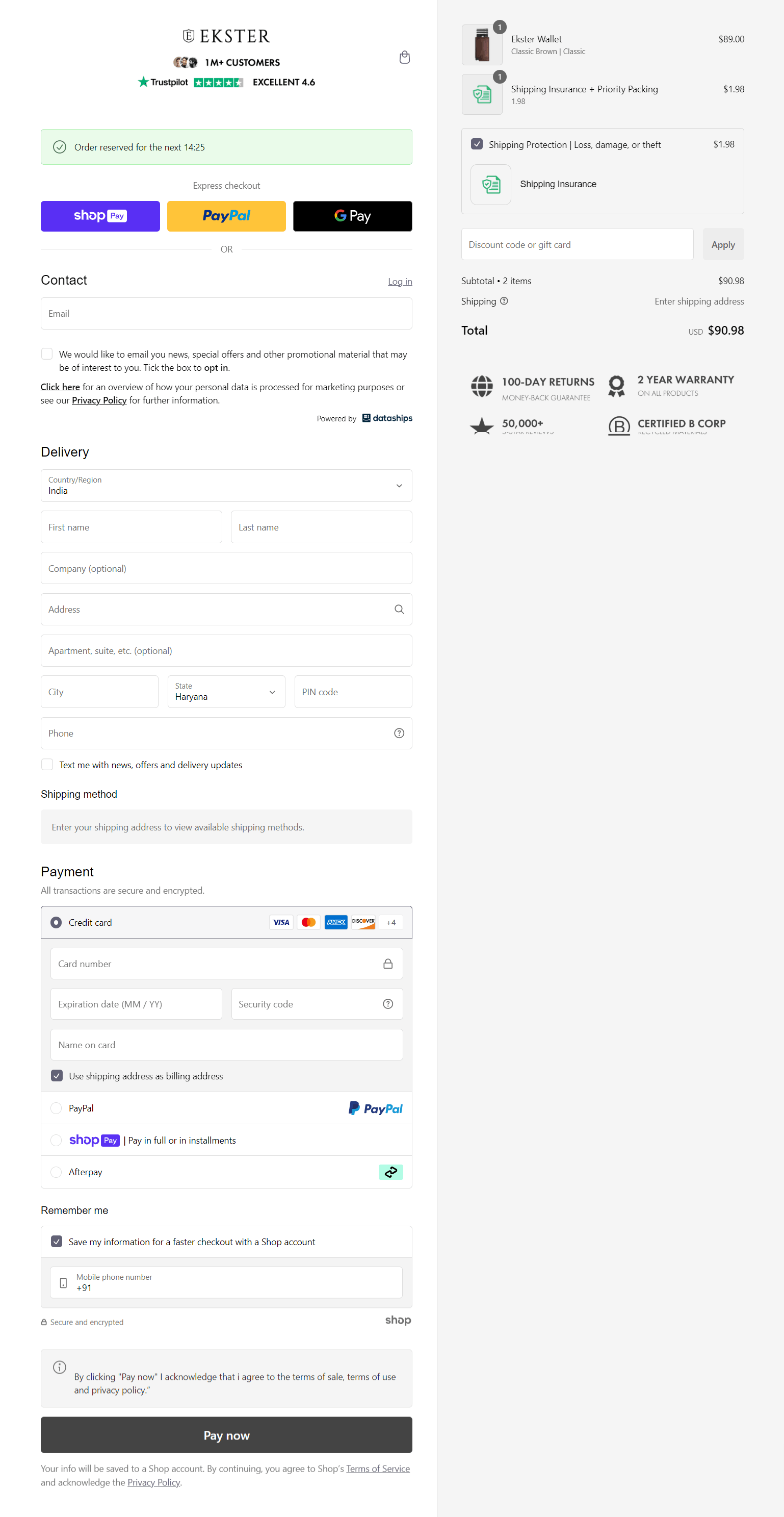 Ekster Wallet checkout page